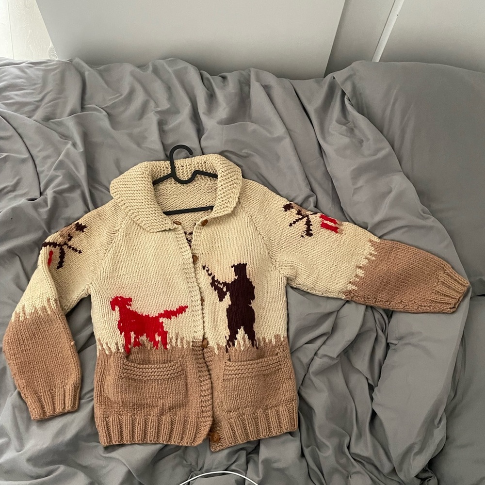Vintage 1960’s Handknit Wool Zip Front Cardigan Sweater Hunter Pheasant Mens Med - Picture 2 of 5